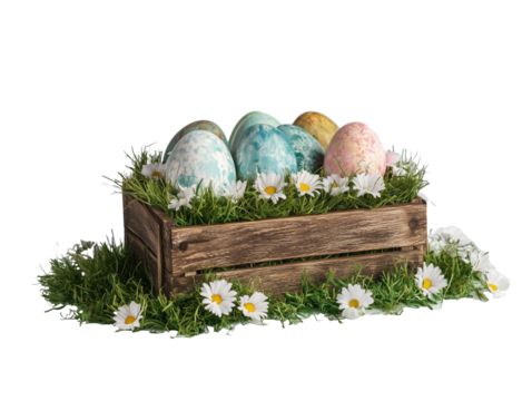 A rustic wooden basket filled with colorful hand-painted eggs, nestled in artificial grass, surrounded by pastel ribbons and daisies. Soft natural light highlights the textures
