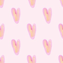 A love-themed illustration with watercolor hearts reflecting the spirit of Valentine's Day. A seamless pattern on a pink background with multicolored hearts is suitable for decoration and user interfa