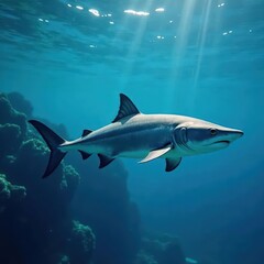 Fototapeta premium Sleek barracuda swims in vibrant blue ocean water , shadow, sharp