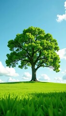 Solitary oak, vibrant green leaves, vast field , ecology, ancient, branch