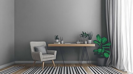 Modern Empty Home Office Room Interior With Blank Wall, Computer, Table, Bookshelf Mockup Frame -Ai