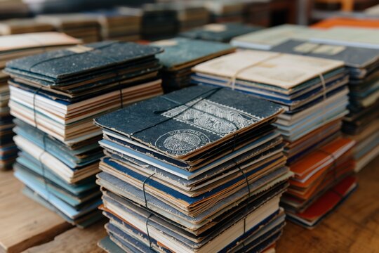 Stacks of vintage books with diverse covers on wooden table