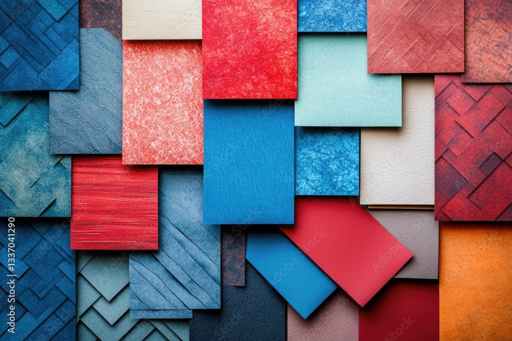 Poster abstract collage of textured squares in various shades of red and blue, creating a visually appealin
