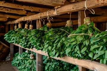 Fresh lychee leaves bundled for drying in traditional wooden structure