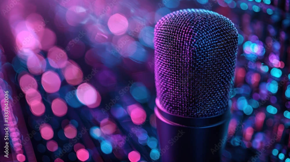 Poster illuminated microphone capturing sound with vibrant bokeh background