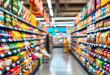 Abstract blurred supermarket aisle with colorful products and shelves, out of focus, produce