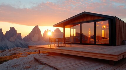 A mountain hut overlooking the jagged peaks of the Dolomites