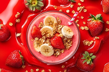 Smoothie with strawberry, banana, and granola, vibrant colors, top-down, studio shot, with text.
