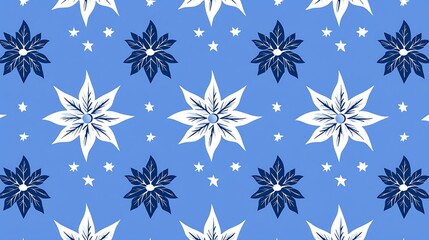 Floral pattern design in repeating layout on a blue surface with white stars as background for fabric/wallpaper