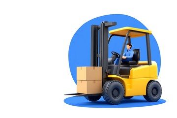 Forklift and box in blue-grey color, white background and outline, no shadows, text.