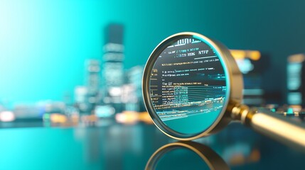 Magnifying glass focusing on digital code over cityscape.