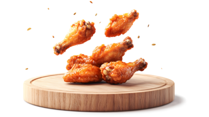 A plate of chicken wings is on a wooden cutting board