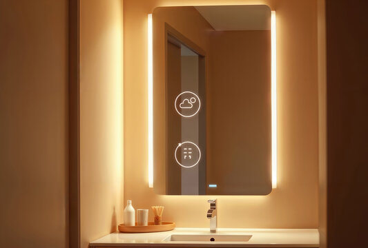 Warm glow smart mirror. Contemporary bathroom mirror with backlit edges and minimal interface displaying weather icons in warm ambient lighting.