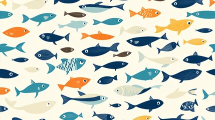 seamless blue pattern with many cartoon funny little fishes on plain neutral background