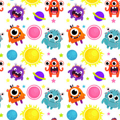 Seamless Pattern with Cute Monsters, Planets, and Stars – Vector Illustration