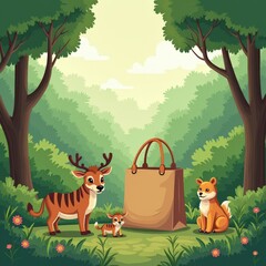 Naklejka premium Lush green forest with animals and a reusable bag, soft earthy tones, promoting eco-friendly and sustainable living in an illustration