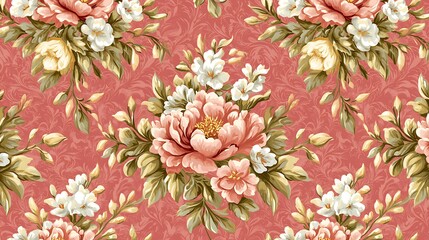 Floral pattern with peonies & blossoms on coral background, creating fabric texture