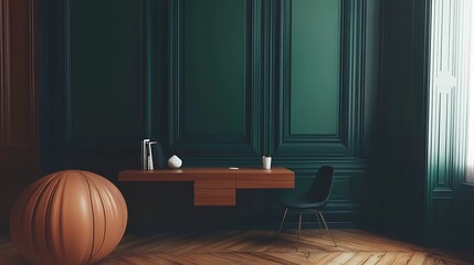 Modern Empty Home Office Room Interior With Blank Wall, Computer, Table, Bookshelf Mockup Frame -Ai