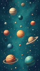 Vertical view of planets, comets, and stars with orbiting paths on a teal cosmic background, ideal for educational cosmic illustrations
