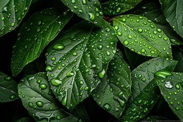 Fototapeta premium Vibrant green leaves with dew drops close-up