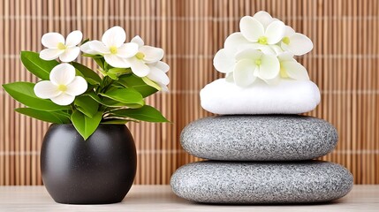 Flower pot and stones arranged on a bamboo mat, promoting relaxation and spa services