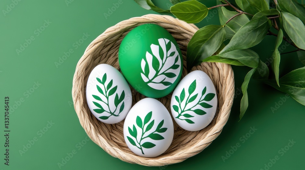 Aufkleber botanical-printed eggs with matching leaf patterns on a sage green basketweave background