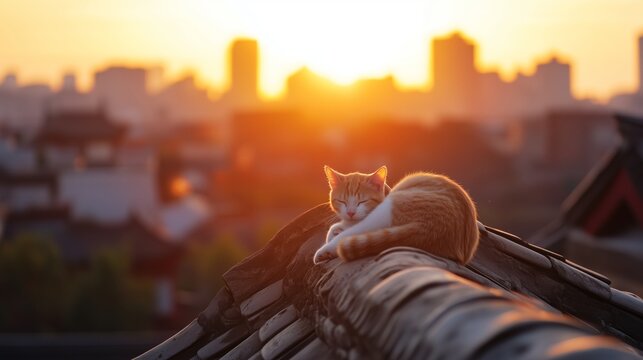 Two cute orange and white cats, cuddling on the roof