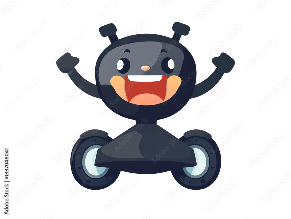 Poster Smiling robot character with happy expression and raised hands against a transparent background