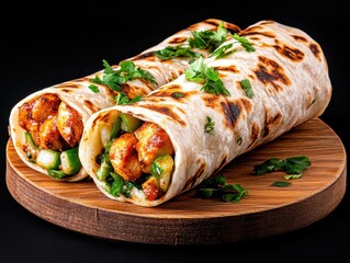 Deliciously wrapped flatbreads filled with grilled chicken and vegetables on a wooden platter