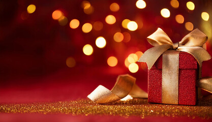 A stunning holiday gift wrapped in shimmering red paper with a golden bow, glowing under twinkling lights for a magical Christmas experience.