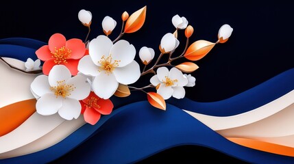Cherry blossoms against indigo and cream geometric backgrounds