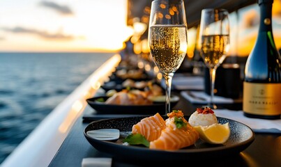 Sunset luxury yacht dinner salmon, champagne, ocean view