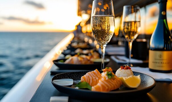Sunset luxury yacht dinner salmon, champagne, ocean view