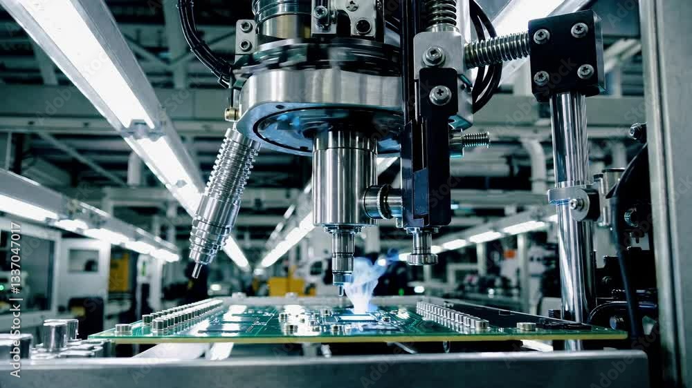 Poster advanced machinery assembles electronic circuit boards in factory setting