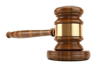 Wooden gavel on a sound block, isolated on black background.