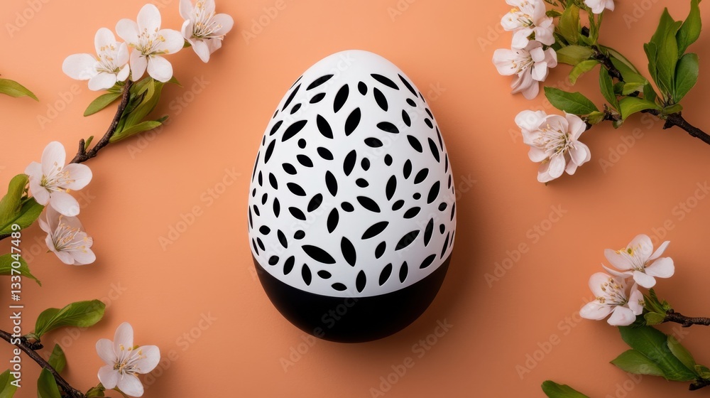 Aufkleber a rustic easter egg frame with intricate patterns, surrounded by blooming branches in soft white and
