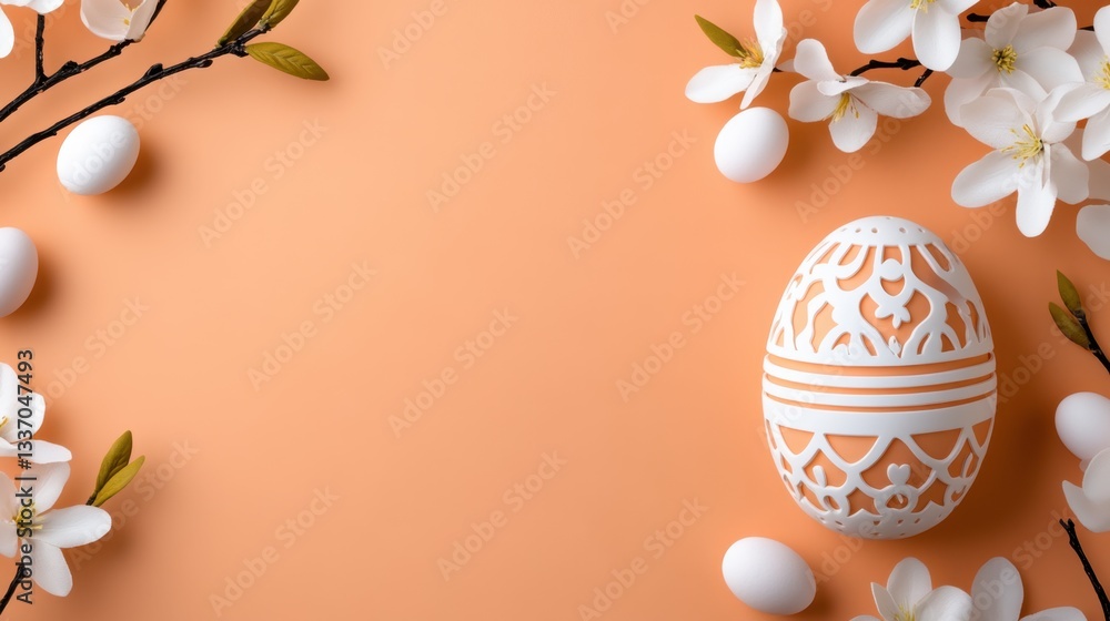 Aufkleber a rustic easter egg frame with intricate patterns, surrounded by blooming branches in soft white and