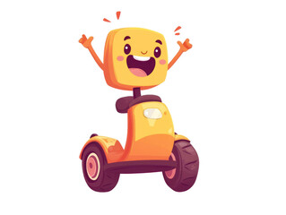Cheerful cartoon character riding a yellow Segway scooter with arms raised in joyful celebration
