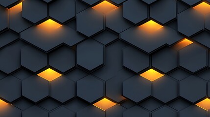 Geometric hexagonal wall with gold illumination, abstract background design, used for digital visuals