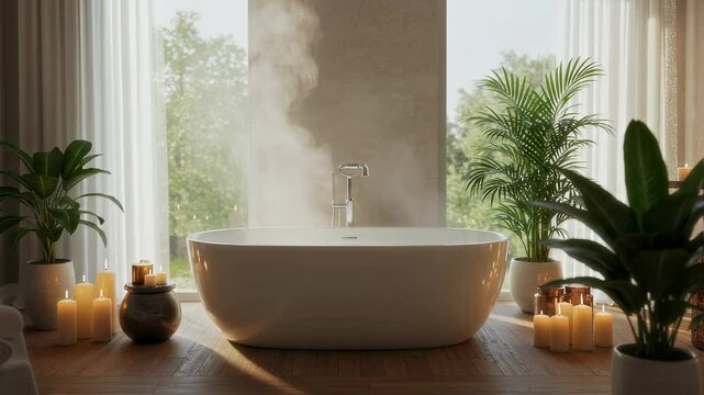 Bathtub, steam and candles in luxury bathroom with plants, relaxation and wellness concept for home spa, aromatherapy and calm atmosphere with sunlight and modern decor