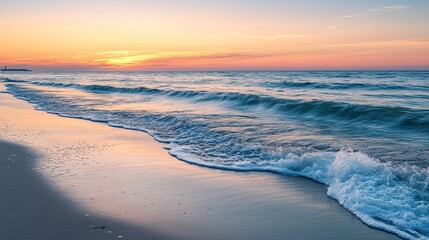 Serene Beach at Sunrise with Soft Waves Gently Lapping the Shore, Creating a Peaceful Start to the Day