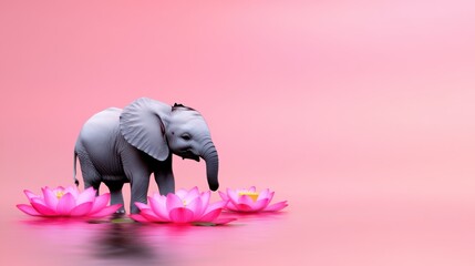 A tiny elephant walking on a path of floating lotus flowers, serene and surreal, misty rose background.