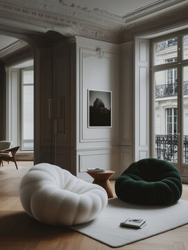 Parisian Luxury Apartment with Haussmannian Architecture Features Modern Cloud Chairs - Elegant Interior with Green and White Designer Seating