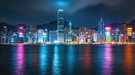 Fototapeta premium Captivating Hong Kong Skyline Reflecting on the Waters at Night, Cityscape View