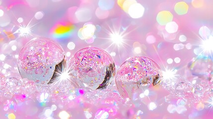 Glass spheres with glitter on jewels, sparkling background, dreamy design or concept