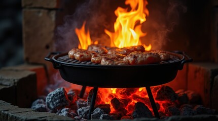 A roaring fire beneath a black cast-iron grill, glowing red-hot embers and rising smoke creating an intense and rustic atmosphere