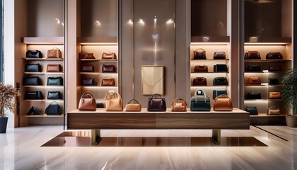 명품 가방 매장 내부, 고급스러운 가죽 가방