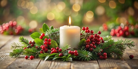 Festive Holiday Candle Arrangement: Red Berries & Green Leaves Tilt-Shift Photo