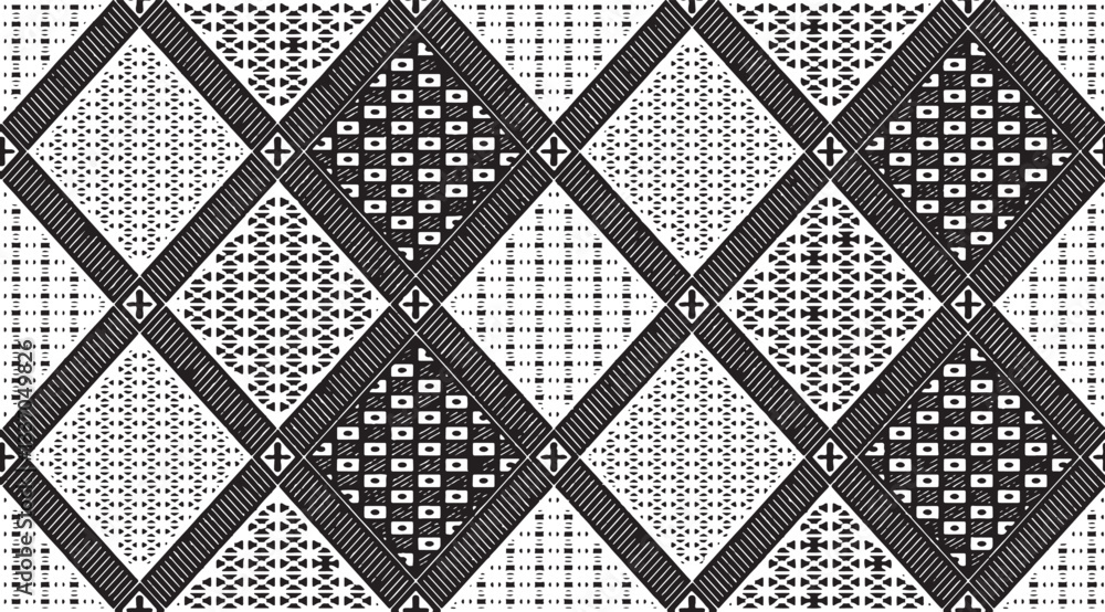 Poster black and white tileable pattern. grunge worn damask pattern design. distressed fabric texture. over