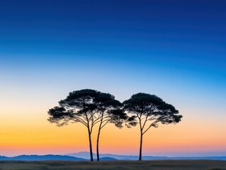 Obraz premium Silhouetted Trees Against a Vibrant Sunset Over Rolling Hills